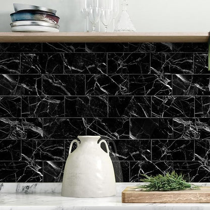 URCOLOR 64-Piece Peel and Stick Backsplash Wall Tile, 4"x 8" PVC Glossy Black Marble Stick on Subway Tiles for Kitchen, Bathroom, Laundry Room, Camper, Fireplace
