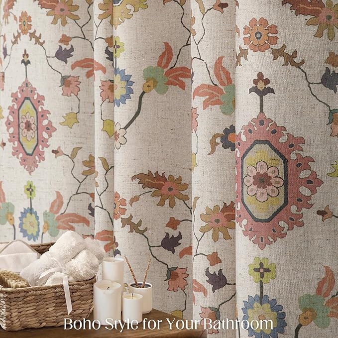 Boho Floral Shower Curtain, Vintage Cottage Core Shower Curtains for Bathroom, 72Wx72H Inch
