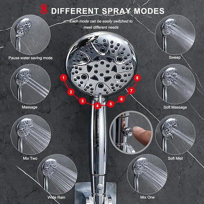Rain Shower Head Combo-14''Rainfall ShowerHead,8 Modes Handheld with ON/OFF Pause Switch, Double High Pressure Shower heads with Hose,Adjustable and detachable for Couple and Kids