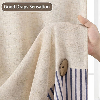 Farmhouse Shower Curtain Linen Button Blue Stripe 72" W x 72" L | Farmhouse Style, Chic Button, Striped, Linen Fabric, Rustic, Country, Natural Look, Washable, for Bathroom Bathtub