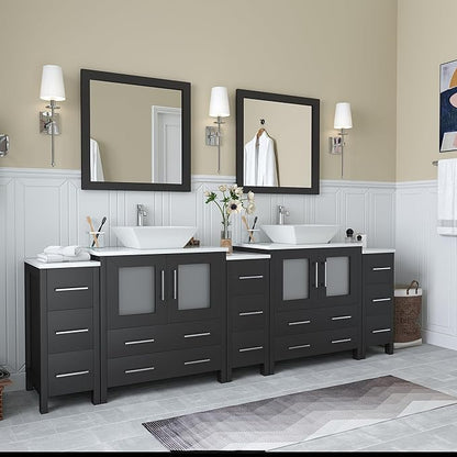 Vanity Art 96 Inch Vessel Double Sink Bathroom Vanity Cabinet with 2 Mirrors, Engineered Marble Top Bathroom Cabinet Compact Set with 13 Dovetail Drawers, Soft Closing Doors, VA3130-96-E
