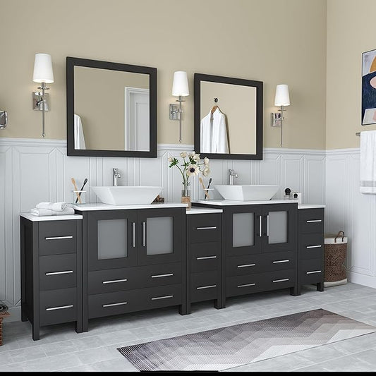 Vanity Art 96 Inch Vessel Double Sink Bathroom Vanity Cabinet with 2 Mirrors, Engineered Marble Top Bathroom Cabinet Compact Set with 13 Dovetail Drawers, Soft Closing Doors, VA3130-96-E