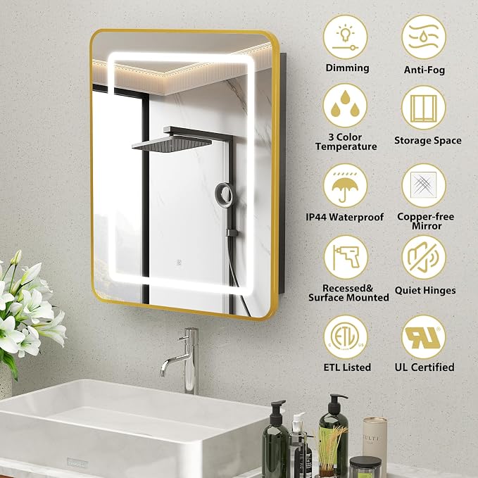 ROOMTEC 16 x 24 Inch Medicine Cabinet Mirror with LED Lights, Gold Bathroom Medicine Cabinet with Mirror and Storage, Recessed or Wall Mount, 3 Color Temperature, Dimmable Light