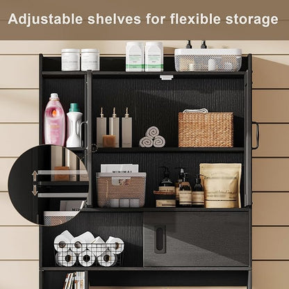 ChooChoo Over The Toilet Storage Cabinet, Farmhouse Bathroom Shelf Over Toilet with Adjustable Shelves, Above Toilet Storage Cabinet with Sliding Door for Bathroom, Laundry Room, Black