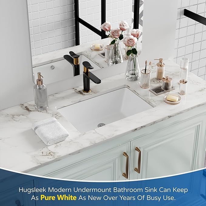 Undermount Bathroom Sink Rectangle, Hugsleek Interior Bowl Size 19 x 12 inch White Porcelain Ceramic Vessel Sink Under Counter Exterior Size 20.5x13in Rectangular Bath Sink Basin Lavatory Fireclay