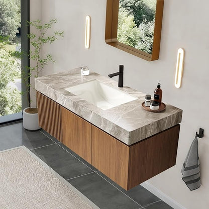 LKTART Floating 48 Inch Bathroom Vanity with Sink, Modern Plywood Wall Mounted Bathroom Storage Cabinet with 2 Doors and 1 Drawer, Light Gray Sintered Stone Countertop and Ceramic Basins