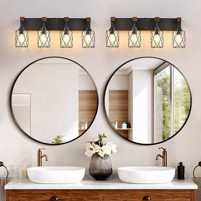 Bathroom Light Fixtures, Farmhouse Black Metal with Glass Shade | 4 Light Rustic Vanity Lights, Wood Accent Wire Cage Design, Mounts Over Mirror, Ideal for Bedroom & Hallway,Easy to Install