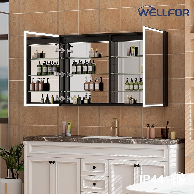 48" X 30" LED Mirrored Medicine Cabinet, Medicine Cabinets with Lights for Bathroom, Defogging Function Mirror Cabinet, Bathroom Medicine Cabinet with USB Port & Outlet, Double Opening Doors