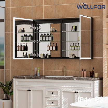 48" X 30" LED Mirrored Medicine Cabinet, Medicine Cabinets with Lights for Bathroom, Defogging Function Mirror Cabinet, Bathroom Medicine Cabinet with USB Port & Outlet, Double Opening Doors