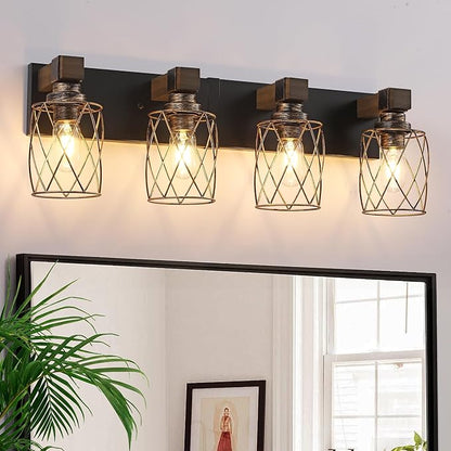 4-Light Black Gold Farmhouse Vanity Light, Wood & Metal Cage Shade | Mounted Over Mirror, Industrial Rustic Style, Ideal for Bathroom, Bedroom, Hallway & Living Room, Easy To Install