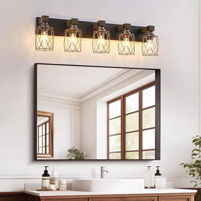 5-Light Black Gold Farmhouse Vanity Light, Wood & Metal Cage Shade | Mounted Over Mirror, Industrial Rustic Style, Ideal for Bathroom, Bedroom, Hallway & Living Room, Easy To Install
