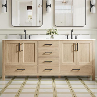 80-Inch Bathroom Vanity with Sink, 4 Soft-Close Doors and 6 Soft-Close Drawers, Bathroom Freestanding Vanity with Cultured Marble Countertop, Oak Vanity with Matte Black Handles