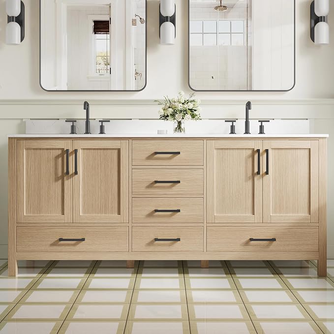 80-Inch Bathroom Vanity with Sink, 4 Soft-Close Doors and 6 Soft-Close Drawers, Bathroom Freestanding Vanity with Cultured Marble Countertop, Oak Vanity with Matte Black Handles