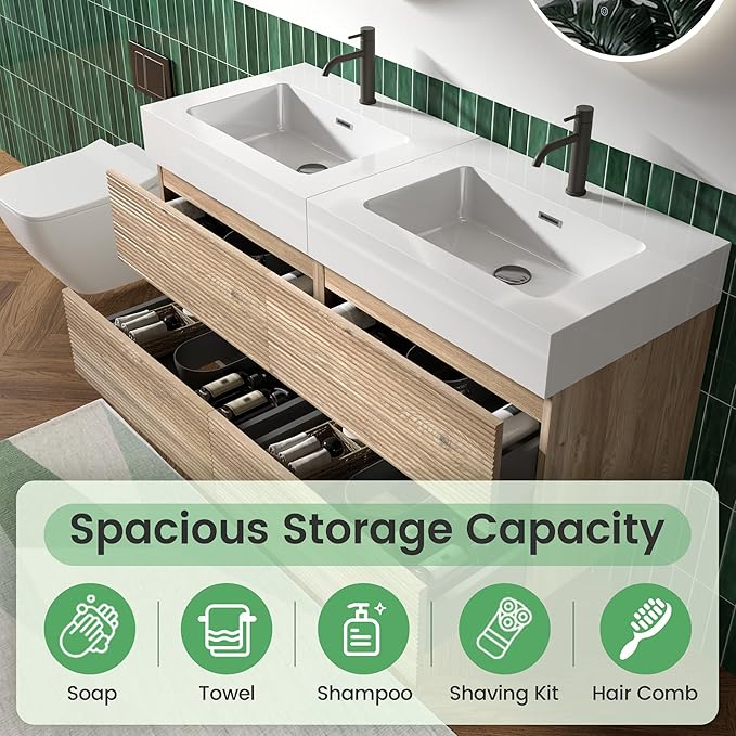 48" Floating Bathroom Vanity with Sink Combo, Modern Floating Double Sink Bathroom Vanity with Solid Surface Tops & 4 Soft-Closing Drawers, Large Storage for Powder Room, Apartment, Rough Oak