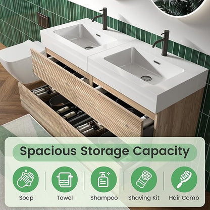 48" Floating Bathroom Vanity with Sink Combo, Modern Floating Double Sink Bathroom Vanity with Solid Surface Tops & 4 Soft-Closing Drawers, Large Storage for Powder Room, Apartment, Rough Oak