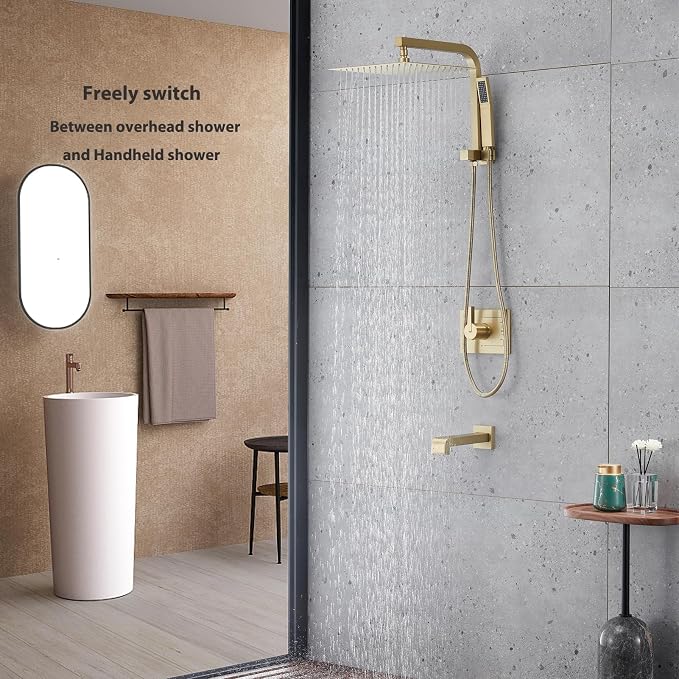 Shower Faucet Set with Tub Spout and 12" Gold Shower Head with Handheld | 12-inch rainhead, 3-function diverter, 304 stainless tub spout, brass pressure balancing shower valve, brushed gold finish