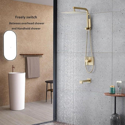 Shower Faucet Set with Tub Spout and 12" Gold Shower Head with Handheld | 12-inch rainhead, 3-function diverter, 304 stainless tub spout, brass pressure balancing shower valve, brushed gold finish