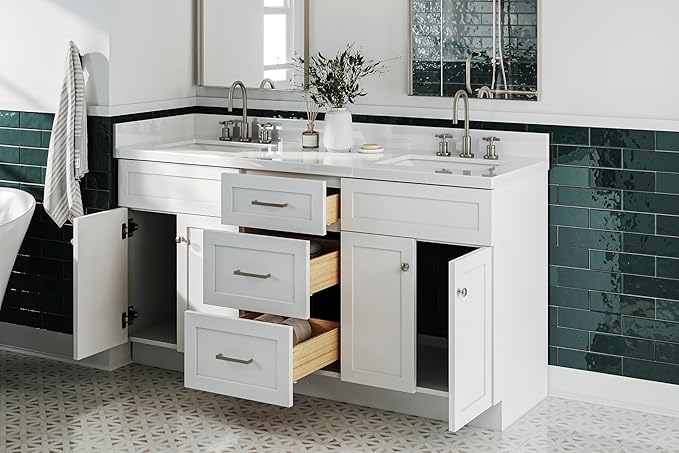 ARIEL Hamlet 66-inch Bathroom Vanity with Sink,Solid Wood, 1.5-inch Pure White Quartz Countertop & Backsplash, Double Rectangular Porcelain Sink, 4 Soft Closing Doors, 3 Dovetail Drawers, White