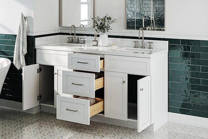 ARIEL Hamlet 66-inch Bathroom Vanity with Sink,Solid Wood, 1.5-inch Pure White Quartz Countertop & Backsplash, Double Rectangular Porcelain Sink, 4 Soft Closing Doors, 3 Dovetail Drawers, White