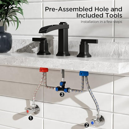 FORIOUS Brass Matte Black Commercial Bathroom Faucets 3 Hole, Waterfall Modern Widespread 8 Inch Bathroom Sink Faucet with Metal Pop-up Drain and Pre-Assembled Hose for Vanity, Restroom,Bathtub