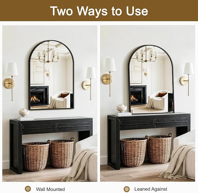 FGU Arched Bathroom Mirror for Over Sink 36"x24" Black Vanity Mirror | Wall Mounted, HD Tempered Shatter-Proof Glass, Rust-proof Arched Metal Frame, Arch Mirror for Bedroom, Living Room, Entryway