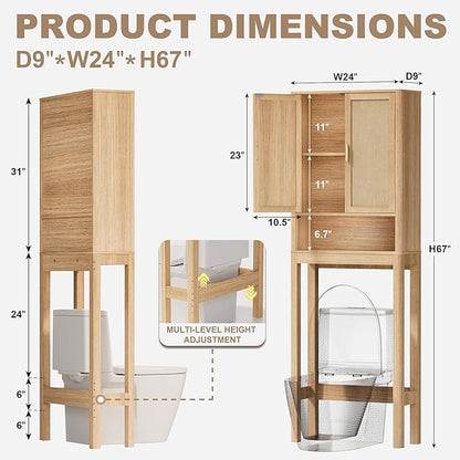 Over the Toilet Storage Cabinet, Bathroom Storage Cabinet with Rattan Doors, Bathroom Cabinet Over Toilet with Adjustable Shelf, Tall Freestanding Over Toilet Bathroom Organizer, Boho Natural Style