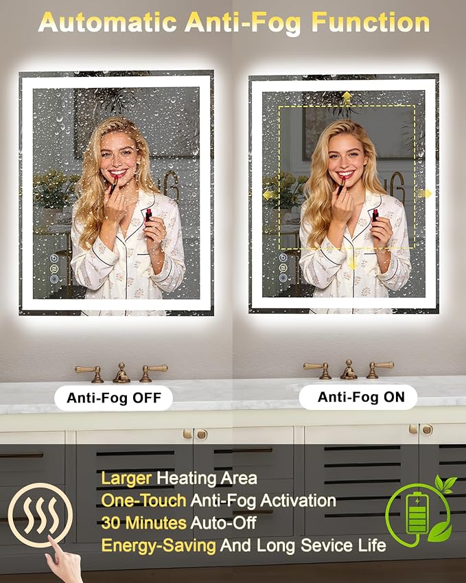 20x28 LED Bathroom Mirror, 6000LM, Separate Front and Back Lights | UL Certified,Shatter-Resistant Tempered Glass,Auto-Off Defogger,3 Color Modes,Smooth Dimming,Smart Memory Setting