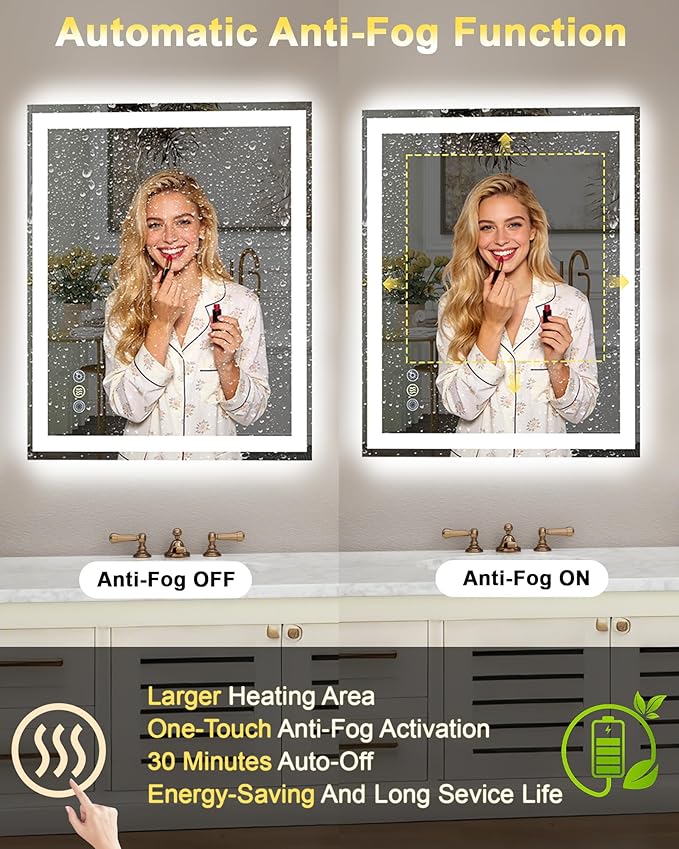 24x30 LED Bathroom Mirror, 6000LM, Separate Front and Back Lights | UL Certified,Shatter-Resistant Tempered Glass,Auto-Off Defogger,3 Color Modes,Smooth Dimming,Smart Memory Setting
