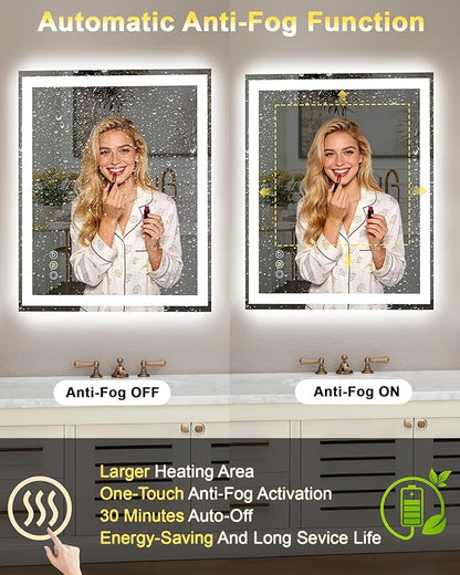 48x32 LED Bathroom Mirror, 6000LM, Separate Front and Back Lights | UL Certified,Shatter-Resistant Tempered Glass,Auto-Off Defogger,3 Color Modes,Smooth Dimming,Smart Memory Setting