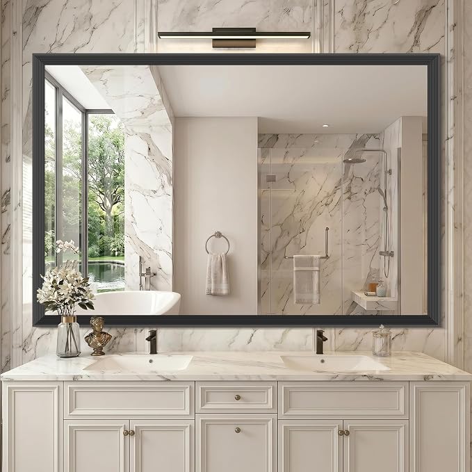 DESBING Large Bathroom Mirror for Over Sink, 60” x 40” Black Rectangle Bathroom Mirrors for Double Vanity, Metal Ribbed Textured Framed Wall Mirror for Bathroom, Living Room, Bedroom,Dressing Room