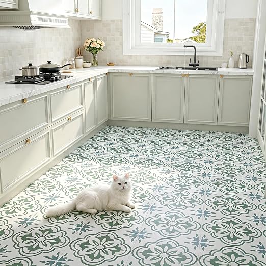 FunStick Sage Green Peel and Stick Floor Tile Vintage Green and White Moroccan Floor Tiles Peel & Stick Vinyl Flooring Roll Waterproof Self Adhesive Laminate Linoleum Flooring for Bathroom Floor Tile