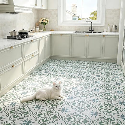 FunStick Sage Green Peel and Stick Floor Tile Vintage Green and White Moroccan Floor Tiles Peel & Stick Vinyl Flooring Roll Waterproof Self Adhesive Laminate Linoleum Flooring for Bathroom Floor Tile