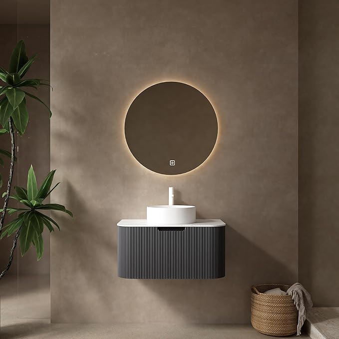 30'' Floating Vanity with Sink Combo, Modern Wall-Mounted Curved Edges Striped Bathroom Storage Cabinet with Soft-Close Drawer and White Artificial Marble Basin, Black