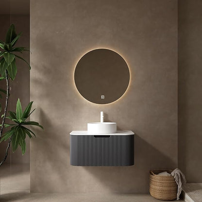30'' Floating Vanity with Sink Combo, Modern Wall-Mounted Curved Edges Striped Bathroom Storage Cabinet with Soft-Close Drawer and White Artificial Marble Basin, Black