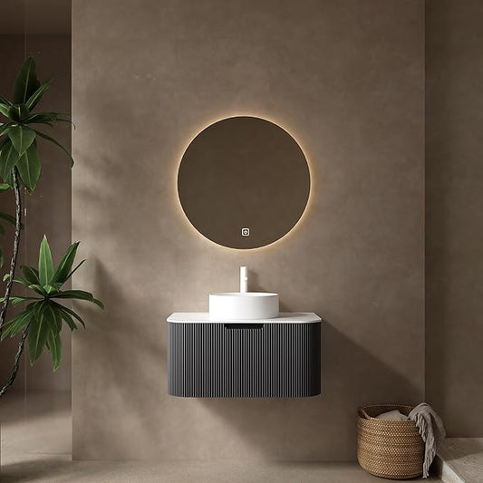 30'' Floating Vanity with Sink Combo, Modern Wall-Mounted Curved Edges Striped Bathroom Storage Cabinet with Soft-Close Drawer and White Artificial Marble Basin, Black