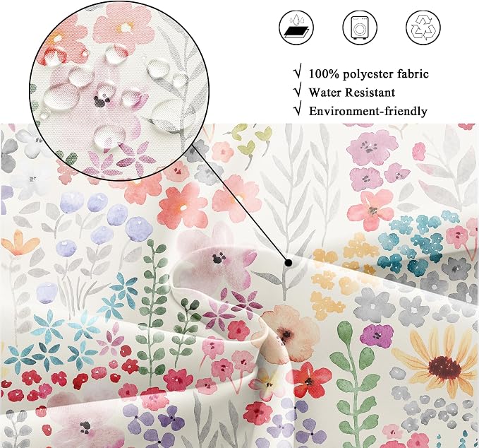 Colorful Cute Floral Watercolor Flower Plants Bathroom Shower Curtain Set | 60"W x 72"H Botanical Kids; waterproof HD print, quick-dry fabric with 12 hooks for easy hanging.