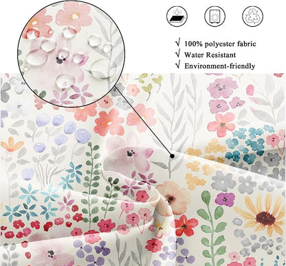 Extra Long Boho Wildflower Watercolor Plant Art Bathroom Shower Curtain Set | 72"W x 84"H Leaves Botanical; waterproof HD print, quick-dry fabric with 12 hooks for easy hanging.