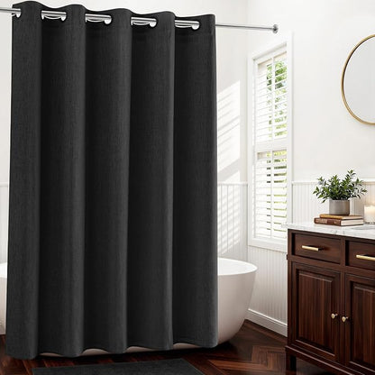 River Dream Linen Textured No Hooks Shower Curtain with Liner,Black,71x74 | with Snap-in Liner,Heavy Duty Fabric,Quick Dry,Bottom Magnets,Water-Repellent,Washable,Farmhouse Bathroom Set