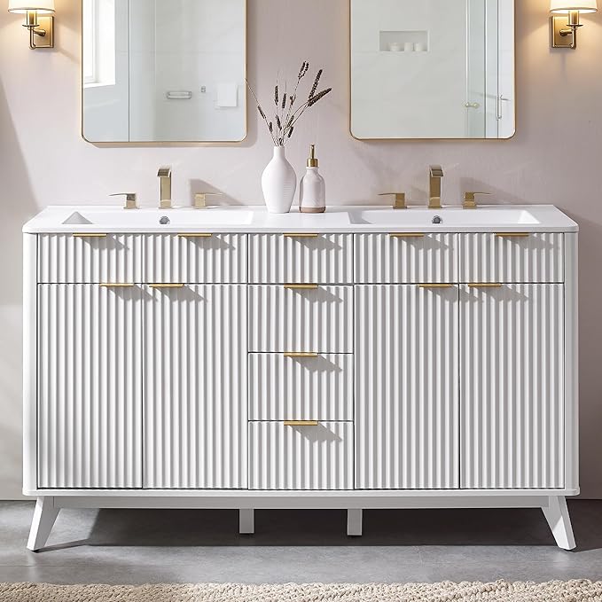 T4TREAM 60" Fluted Bathroom Vanity with Resin Sink Combo，Freestanding Modern Bathroom Storage Vanity Cabinet with Soft Closing Doors & 3 Drawers，Wood Grain Texture，Metal Handle，White