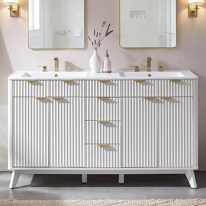 T4TREAM 60" Fluted Bathroom Vanity with Resin Sink Combo，Freestanding Modern Bathroom Storage Vanity Cabinet with Soft Closing Doors & 3 Drawers，Wood Grain Texture，Metal Handle，White
