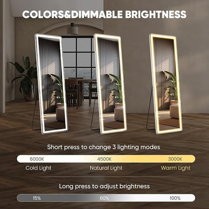 DUMOS 16" x 60" LED Full Length Mirror with Lights, Lighted Floor Full Body Mirrors with 3 Color Lighting, Wall Mounted Stand Mirror for Bedroom, Dressing Room, Living Room, Bathroom