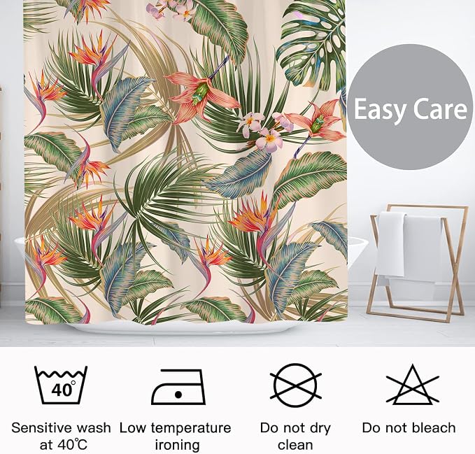Tropical Shower Curtain, Colourful Leaves Floral Palm Leaf Hawaiian Botanical Plant Bathroom Curtain, Waterproof Cloth Fabric Bath Curtain with Hooks 72 x 72 inch