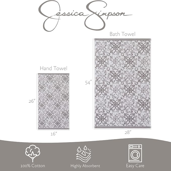 Jessica Simpson – Bath Towel 4 Piece Set, Aziza, Premium Bathroom Décor, Includes 2 Hand Towels and 2 Shower Towels, 100% Cotton & Machine Washable, Skyrocket Grey