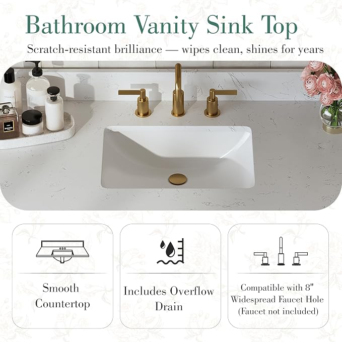 48 Inch Bathroom Vanity with Sink, Fully Assembled, Green | Bathroom Vanity with Solid Wood Frame, Carrara White Stone Countertop and Backsplash, 9 Soft-Close Dovetail Drawers