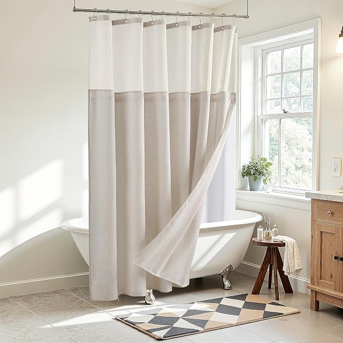 Linen Shower Curtain 78 Inches for Bathroom Cream Double Layer | Curtains with Hook, Snap in Liner, Water Repellent, Boho Farmhouse, Modern Bath Decor, 1 Panel, 72x78