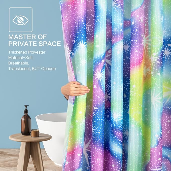 Rainbow Shower Curtain Holographic Gradient Colorful Kids Shower Curtain for Bathroom, Waterproof Polyester Machine Washable Home Decor Bath Curtains with Hooks, 72 x 72 Inch