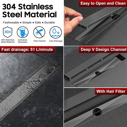 DLONE® Linear Shower Drain - 36 Inch Gun Gray, with Tile Insert Panel | AISI 304 Stainless Steel Linear Drain, Rectangle Shower Floor Drain, with Adjustable Feet, Fits Bathroom & Balcony etc