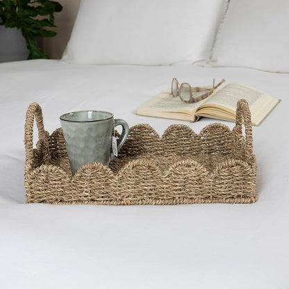 Household Essentials Seagrass Decorative Tray with Scalloped Edge, Handwoven Natural Wicker Organizer Basket with Handles & Iron Frame for Coffee Tables, Bathrooms & Countertops