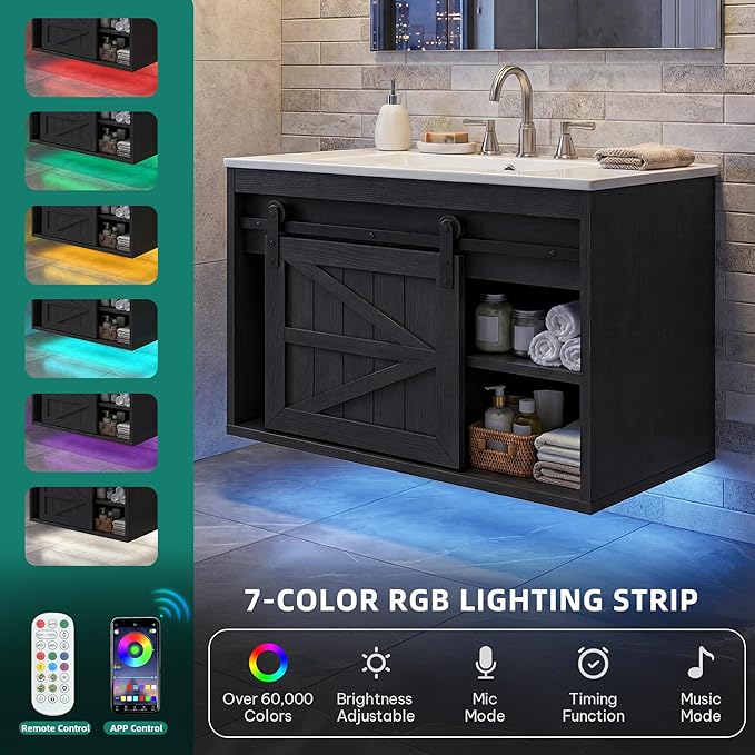 DWVO 24" LED Bathroom Vanity with Sink, Farmhouse Sliding Barn Door Bathroom Cabinet, Bathroom Vanities, Wall Mounted Floating Cabinet for Small Spaces