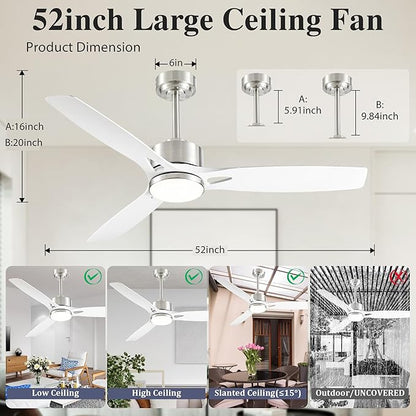 52 Inch Ceiling Fans with Lights and Remote Control - Outdoor Indoor Flush Mount Low Profile Silver White Ceiling Fans for Living Room,Bedroom,Patio